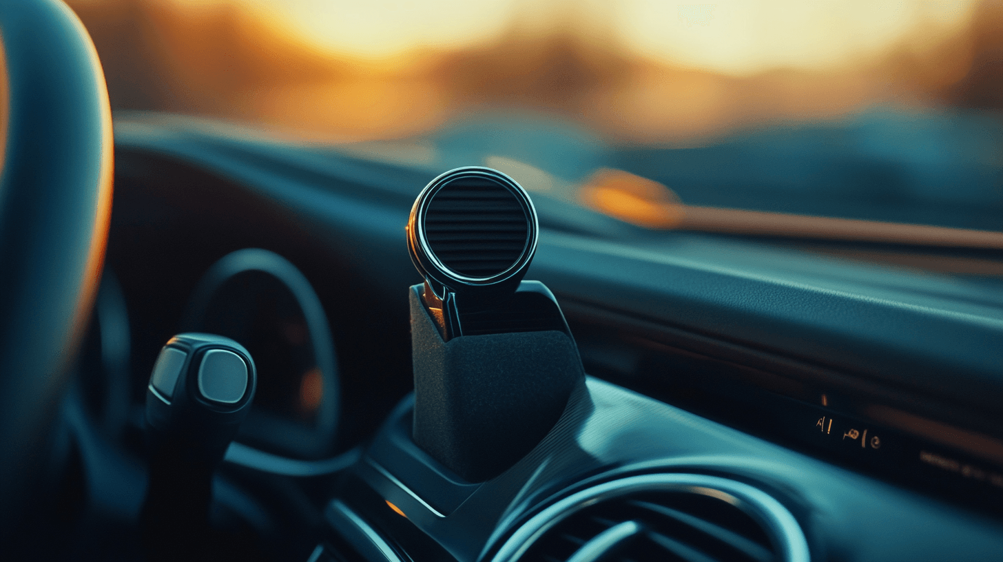 Close-up of a premium minimalist car air freshener clipped to a vent