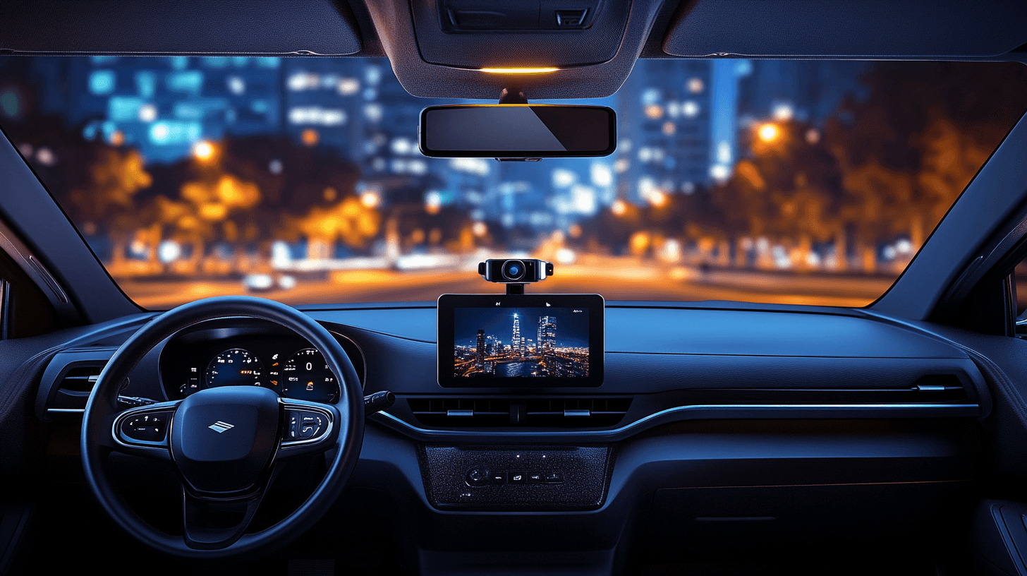 Modern car interior with sleek dashcam mounted on windshield at night