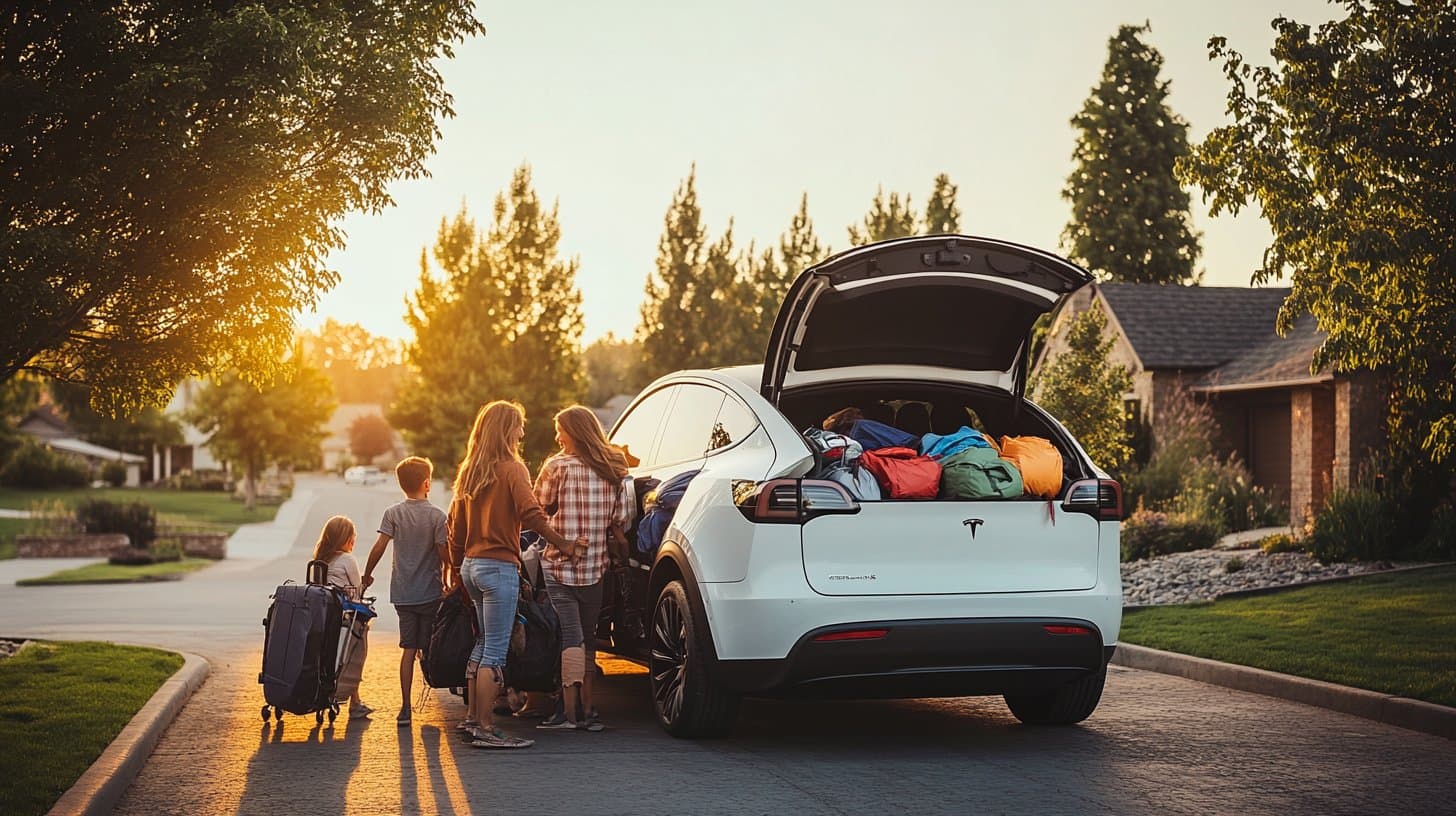 Electric SUV parked with family at a scenic overlook