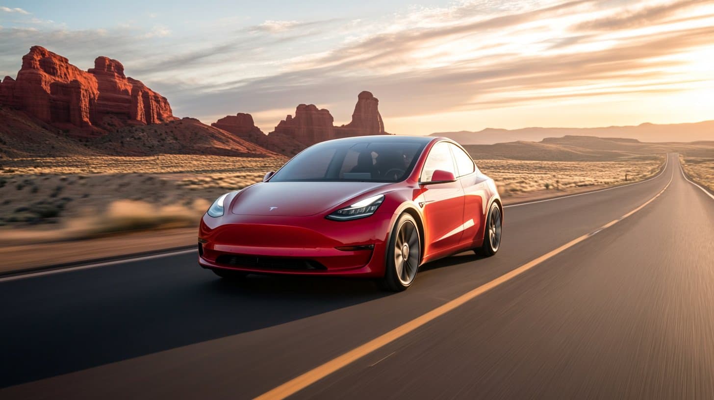 Electric vehicle on a scenic highway road trip