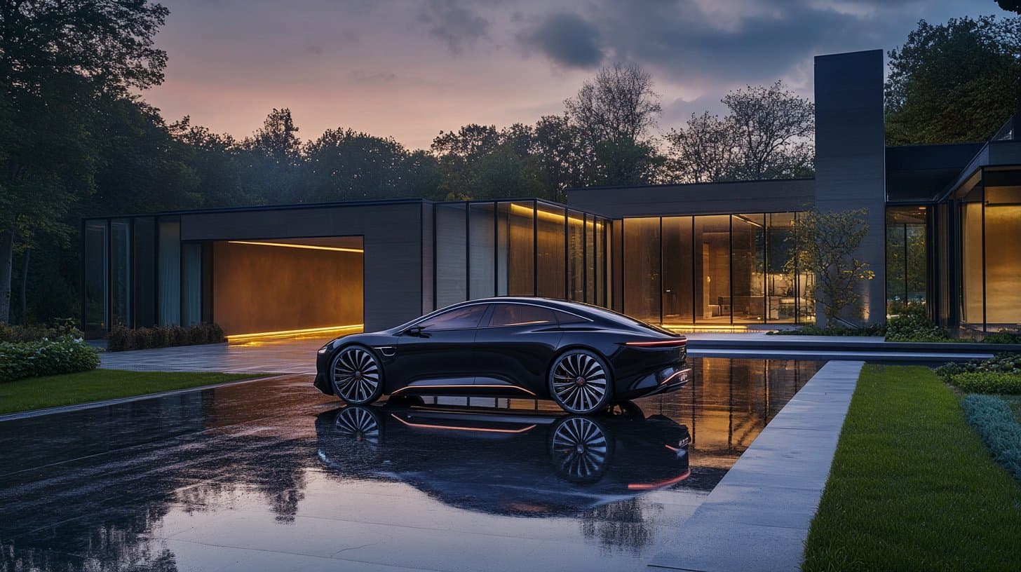 Luxury electric vehicles in an upscale showroom setting