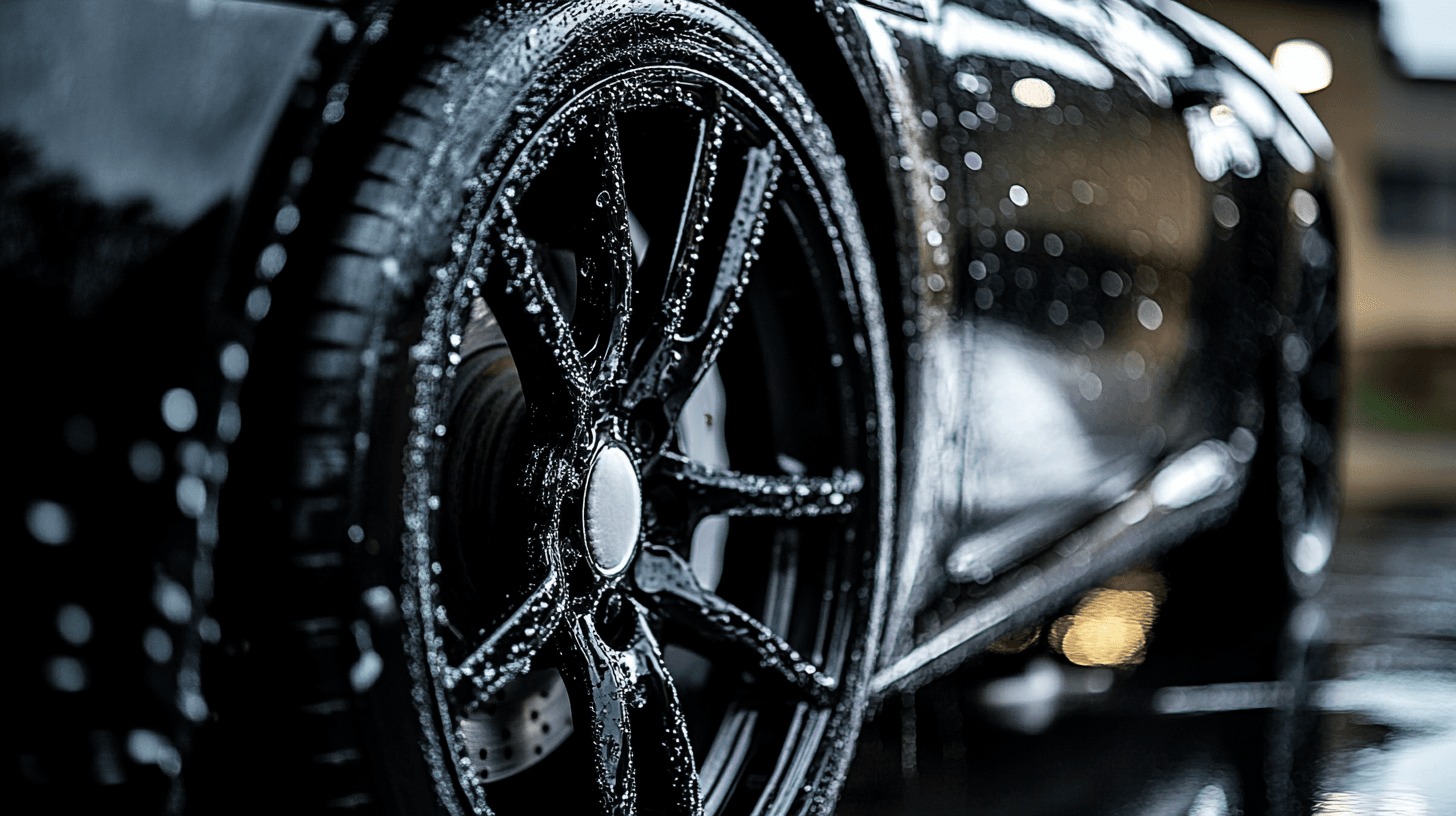 Extreme close-up of a glossy black tire with rich deep shine against dark background