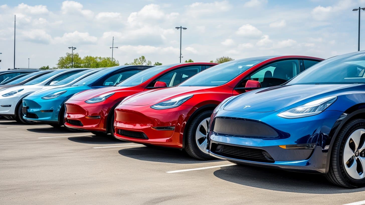 Row of certified pre-owned electric vehicles at a dealership