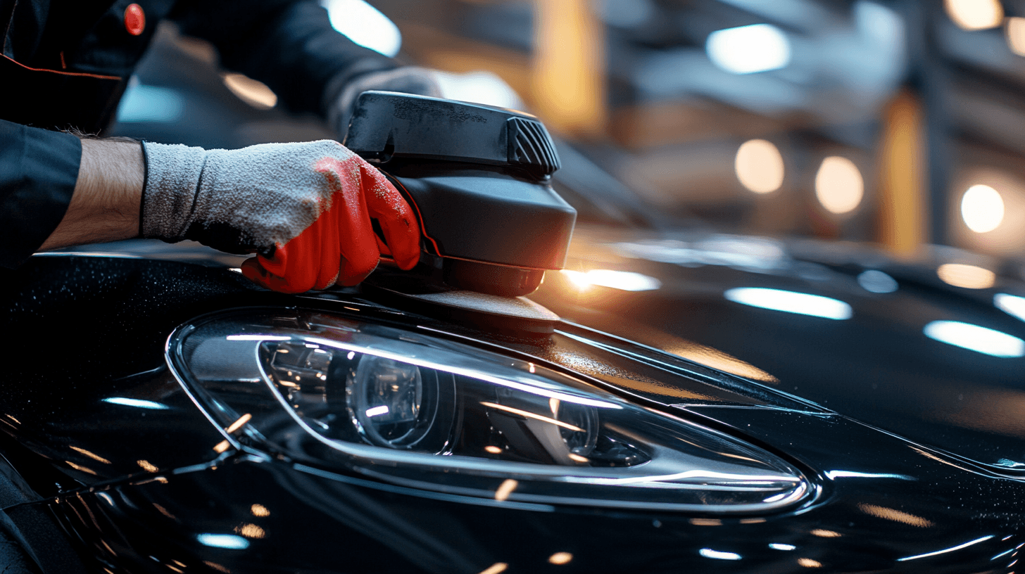 Professional detailer using a dual-action polisher to remove scratches from a car hood
