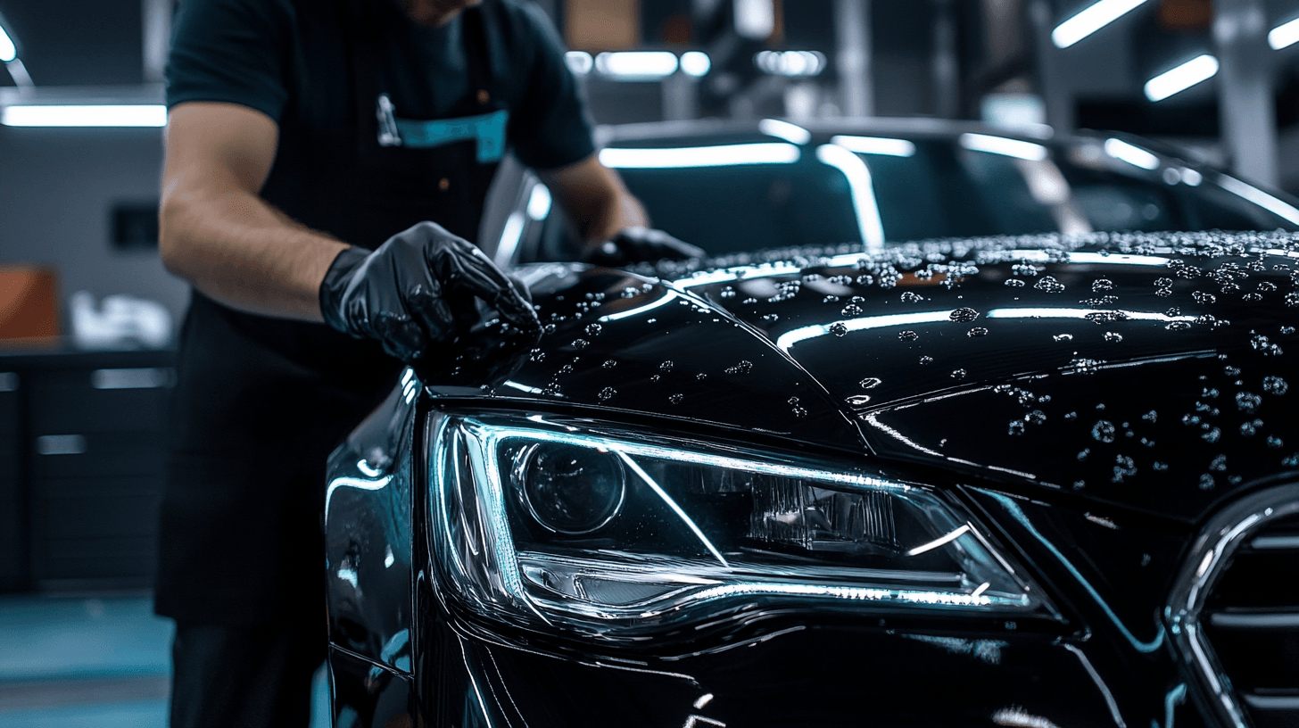 Professional detailer inspecting ceramic coated car with water beading
