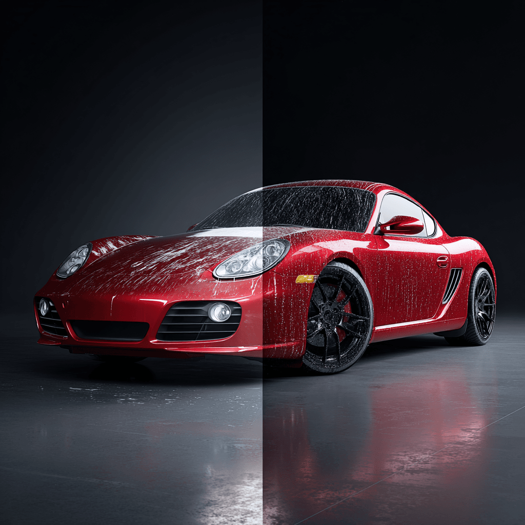 Custom painted sports car with metallic finish in a professional paint booth