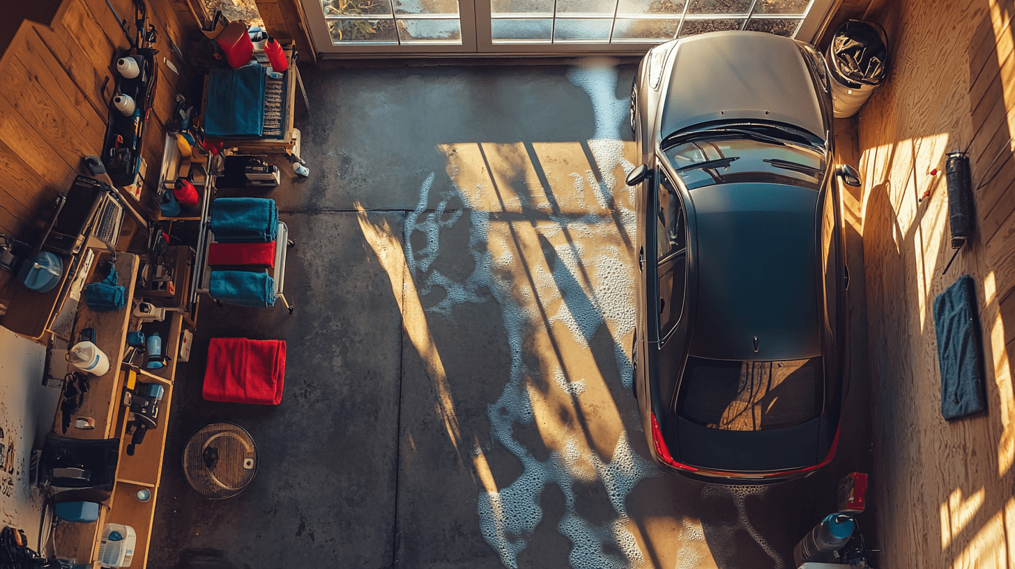 Overhead view of a home garage car detailing setup