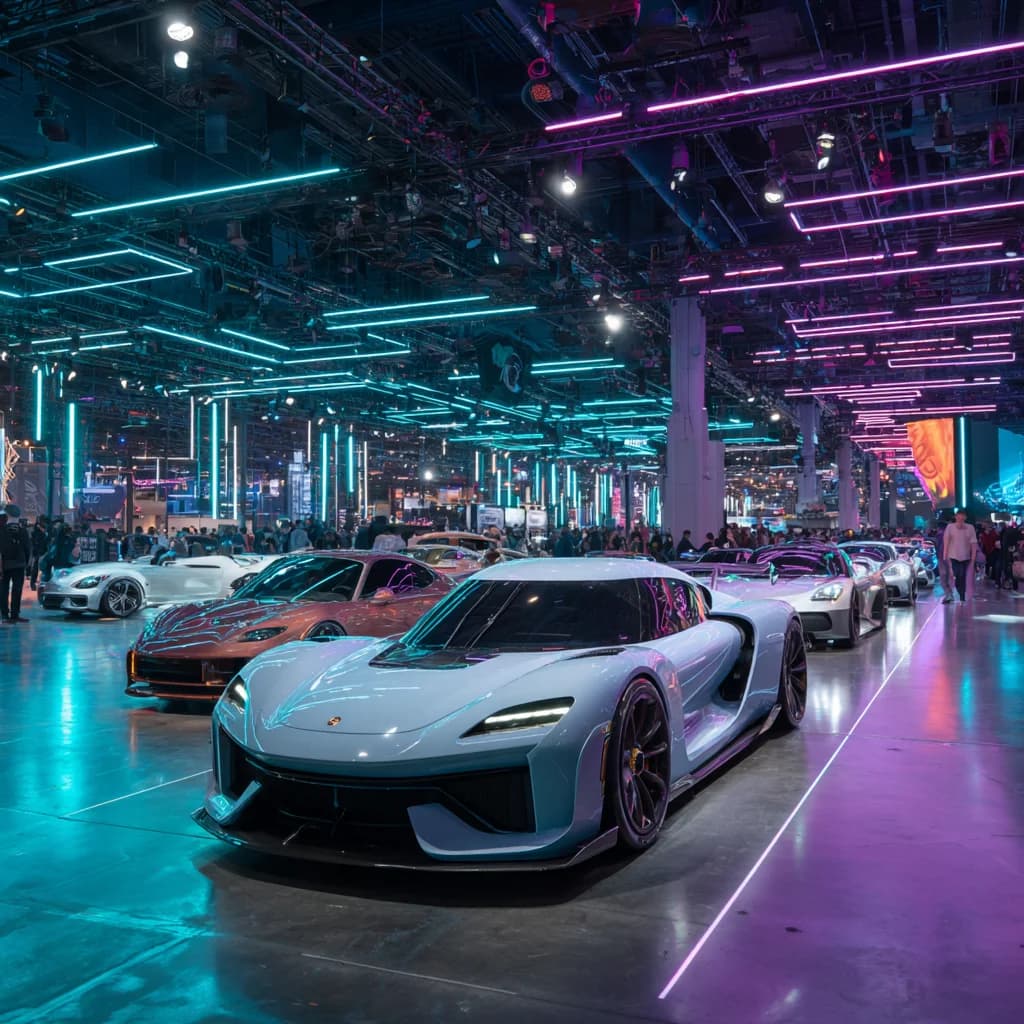 Electric car show with futuristic vehicles on display