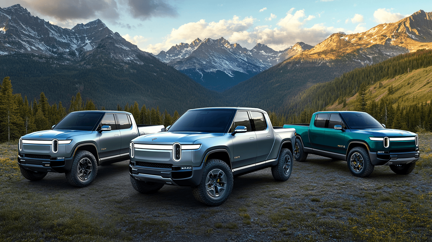 Three electric pickup trucks parked side by side in a mountain setting