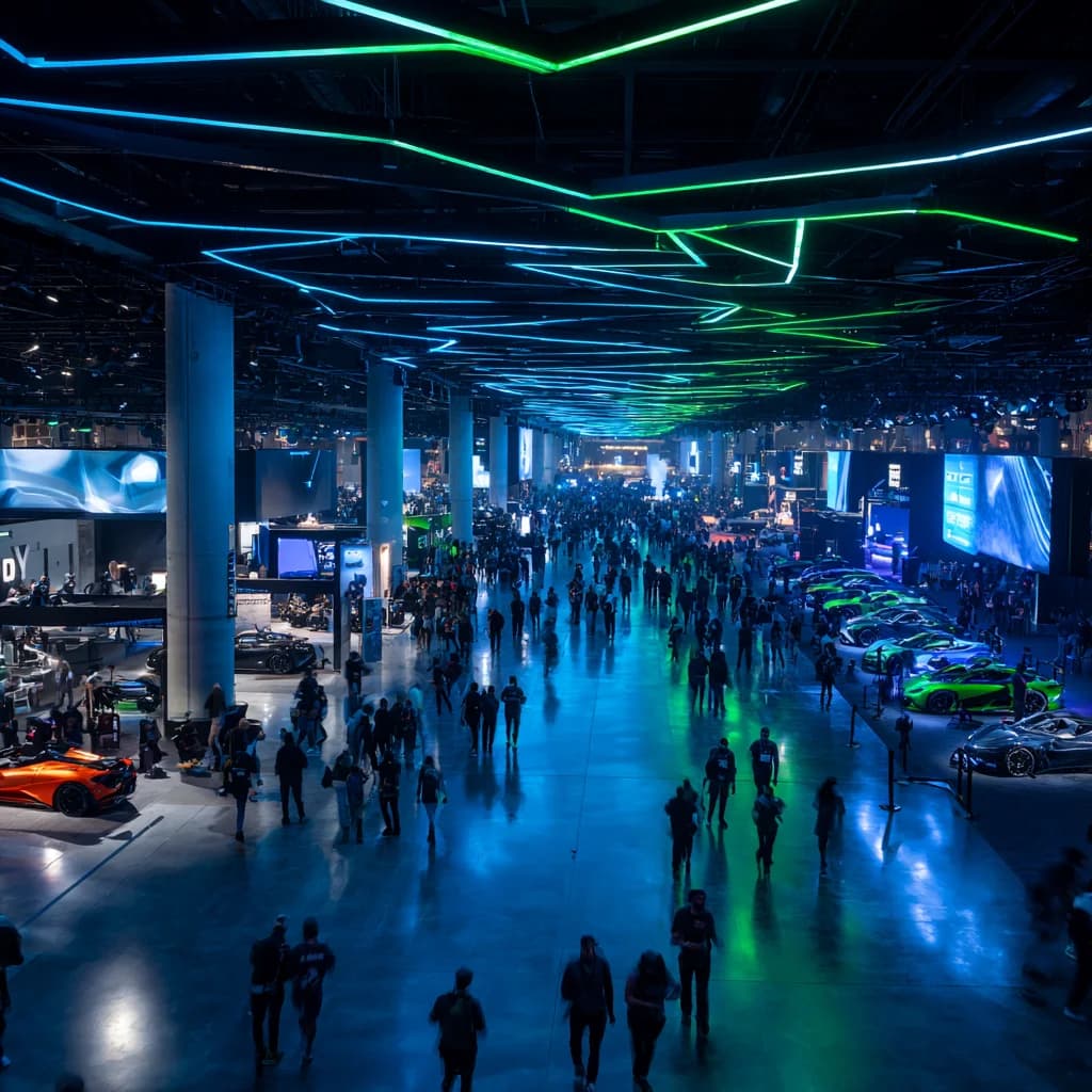 Electrify Expo venue with crowds and electric vehicles