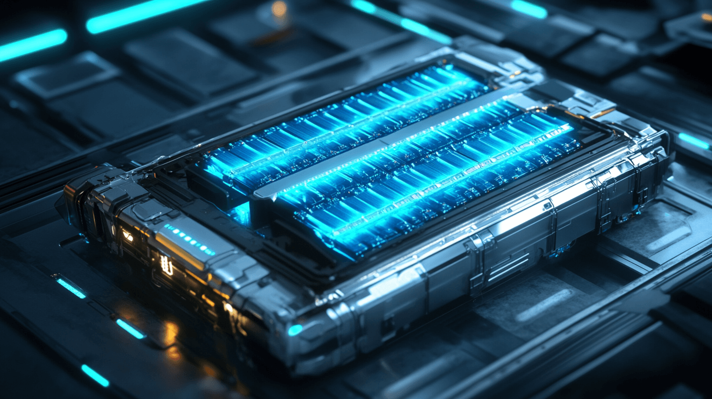 Cutaway cross-section view of an electric vehicle battery pack with glowing blue energy cells