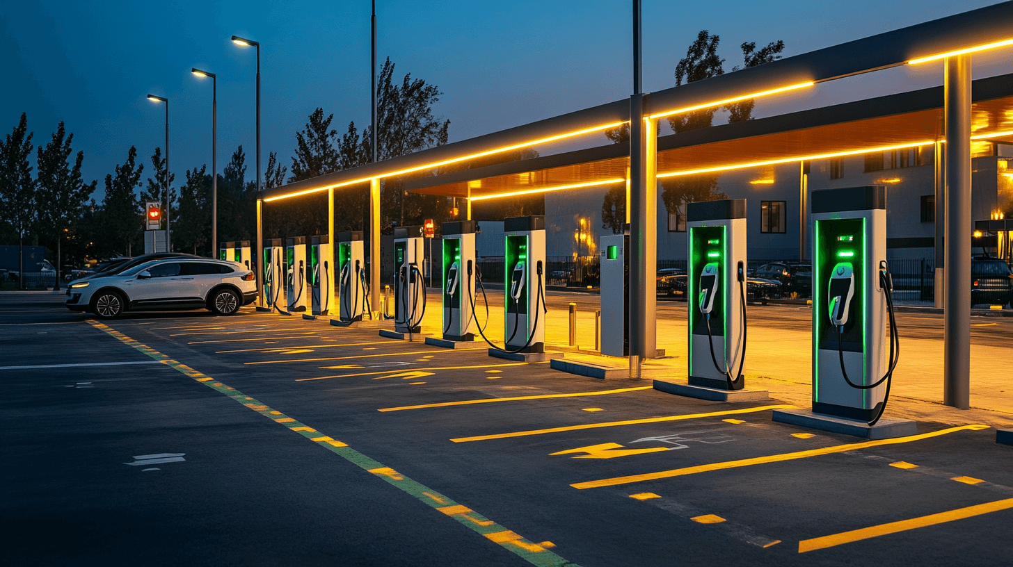 Row of modern EV charging stations at a public charging plaza with vehicles charging