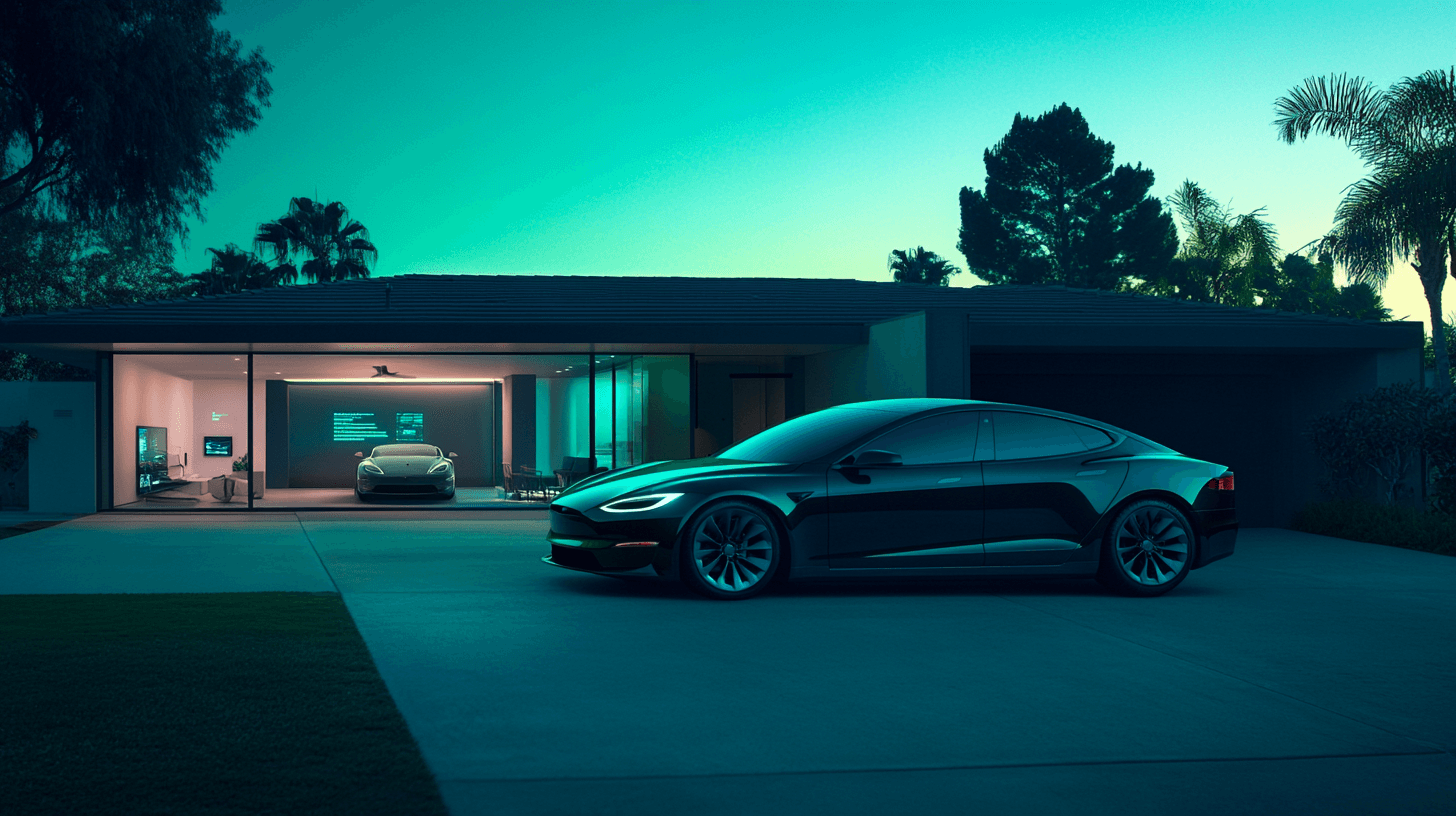 Split-screen comparison of a modern electric sedan at a dealership and a home driveway with subtle financial graphics