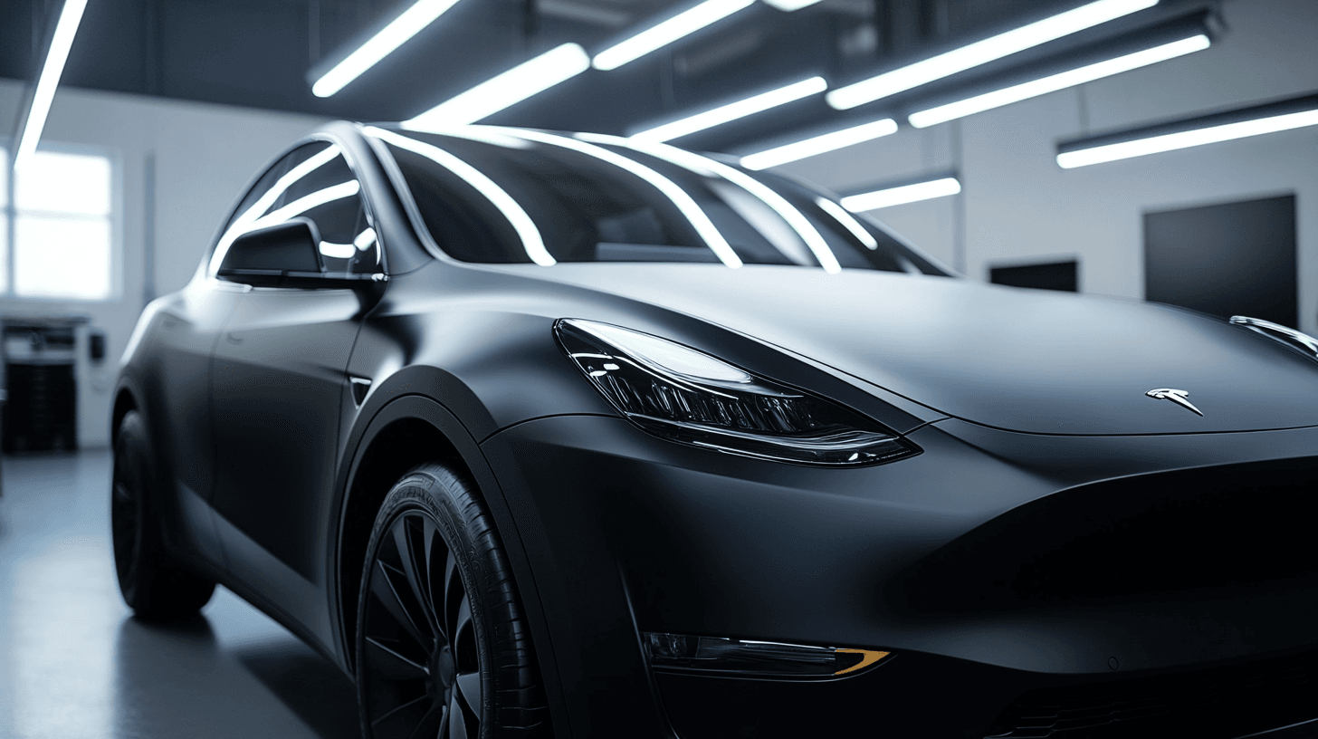 Matte black Tesla Model Y in a professional detailing studio with LED lighting