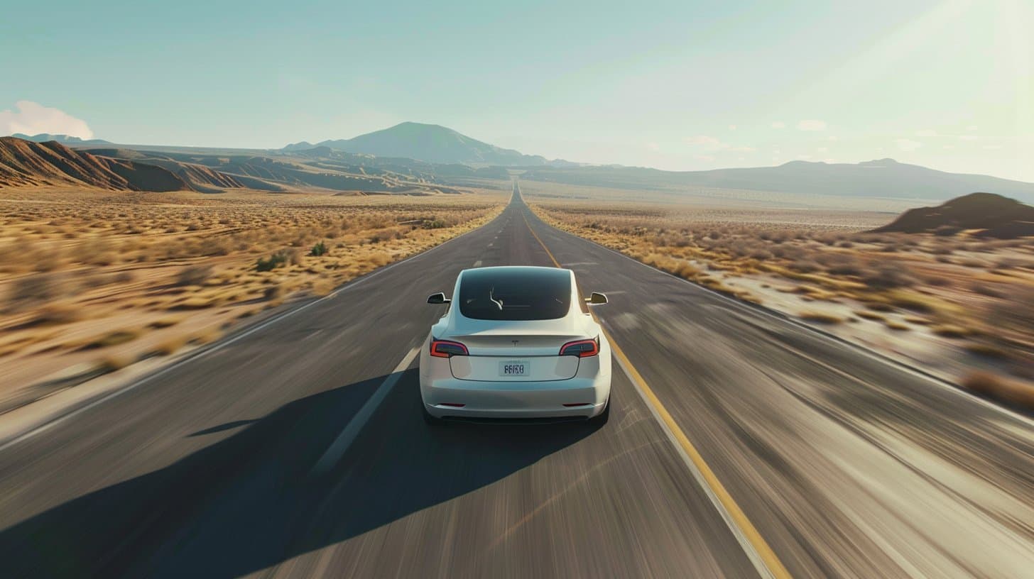 White electric vehicle driving on open desert highway