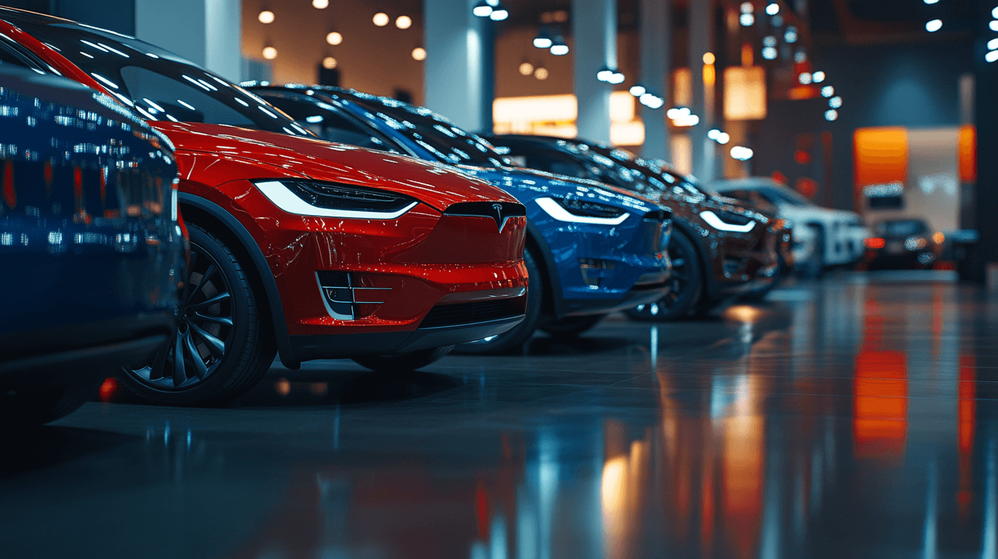 Premium electric vehicles displayed in a luxury dealership showroom