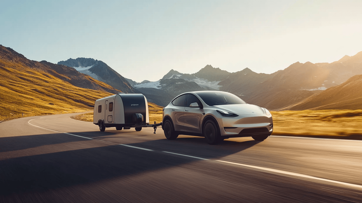 Modern electric SUV towing a small camper trailer on a scenic highway