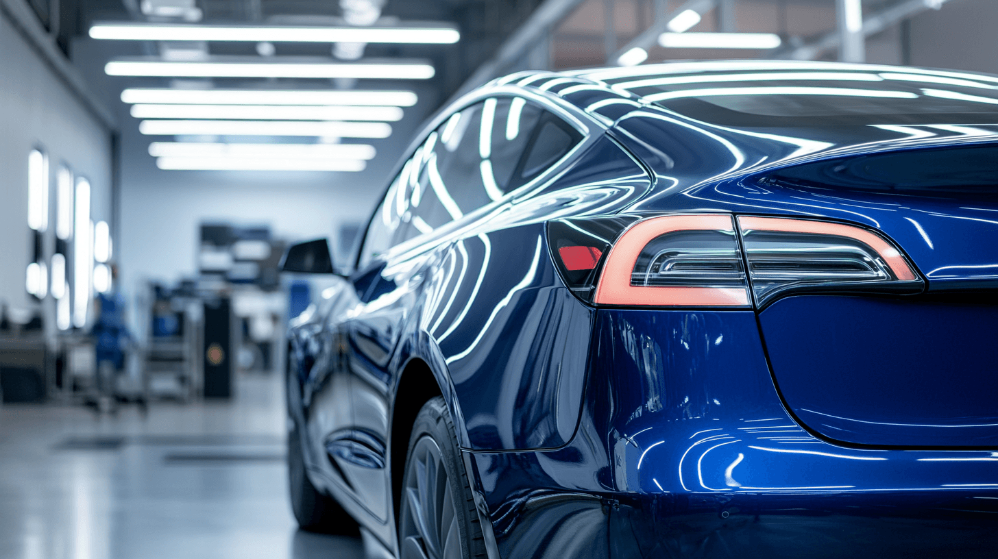 Professional window tinting being applied to a Tesla in a tinting studio