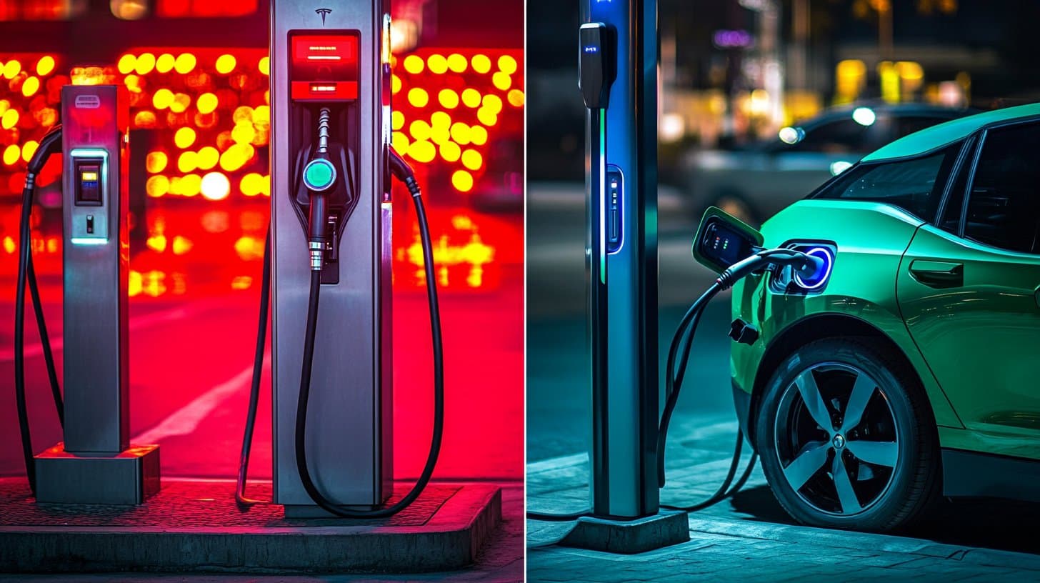 Split image of gas pump and EV charger with dollar signs