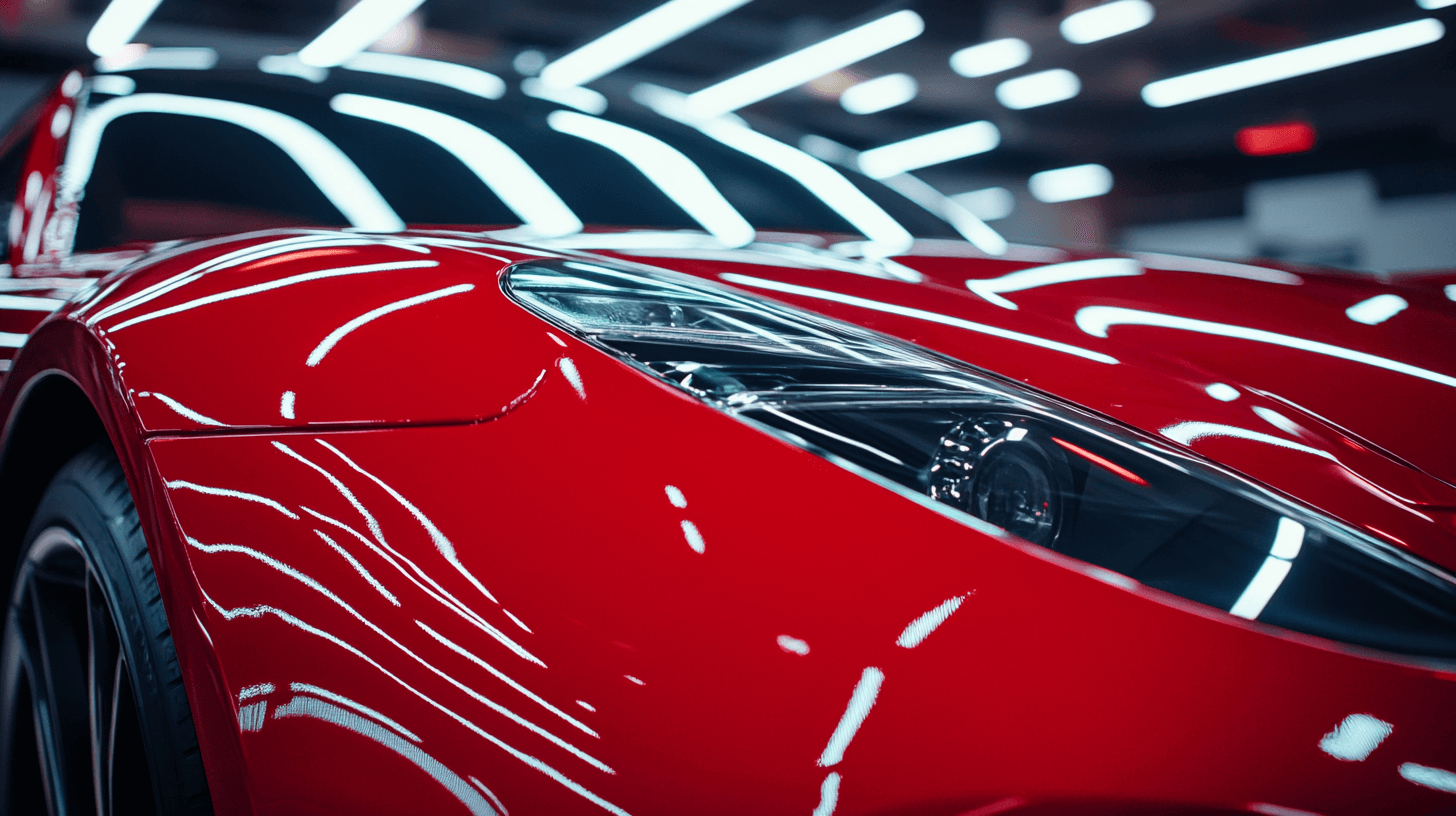 Luxury car hood with paint protection film being applied