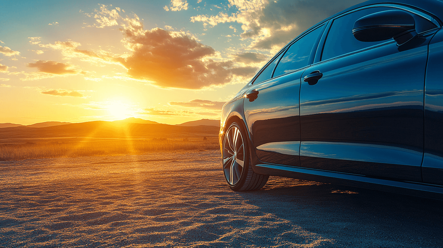 Glossy dark blue car parked under intense summer sun with heat shimmer visible