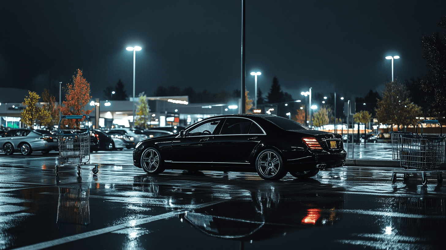 Car parked in a busy parking lot with protective measures