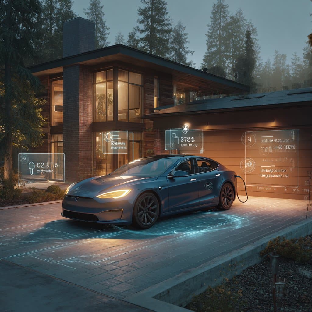 Electric vehicle with cost analysis display at modern home