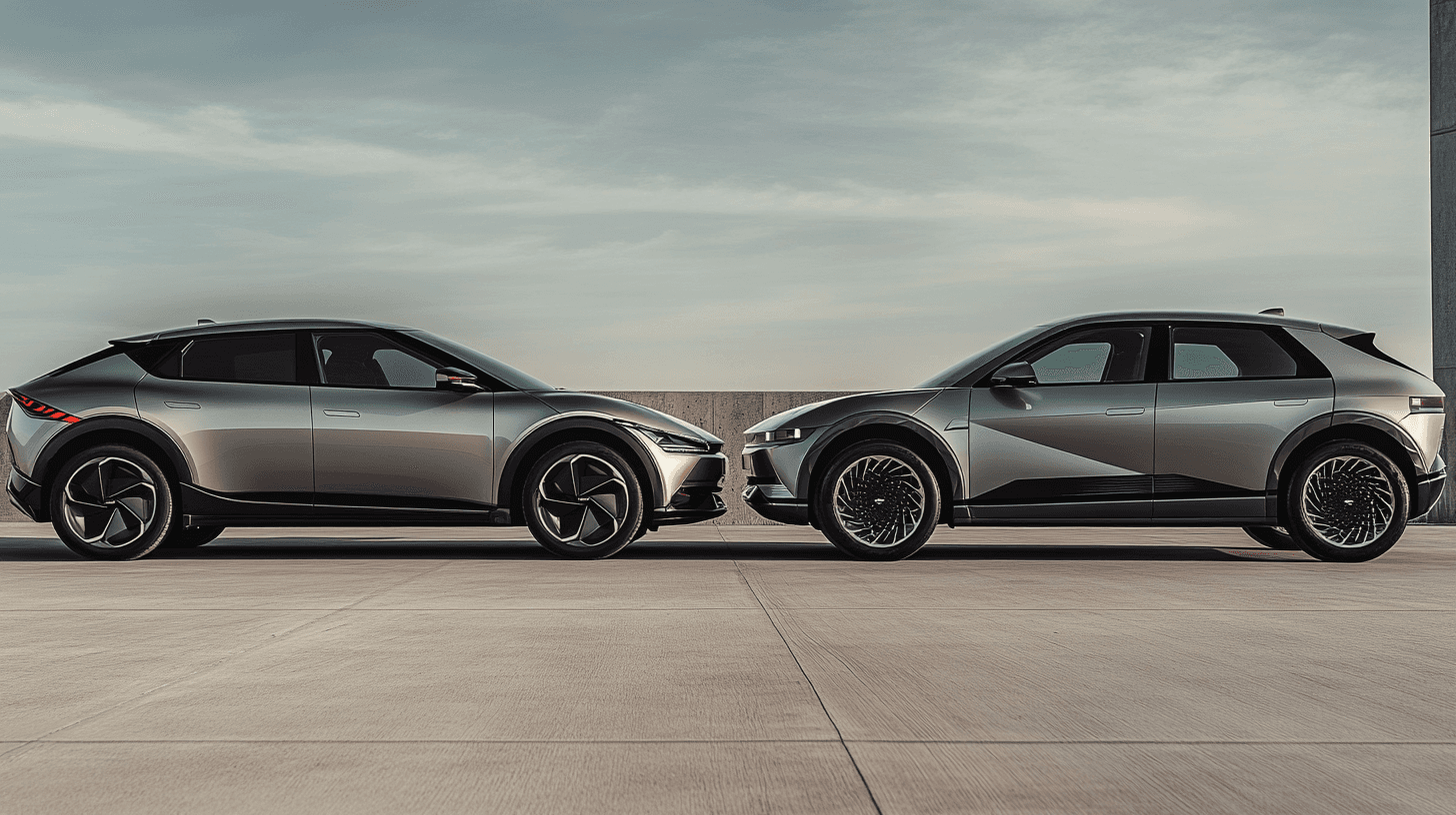 Side by side comparison of a modern electric sedan and electric SUV in silver