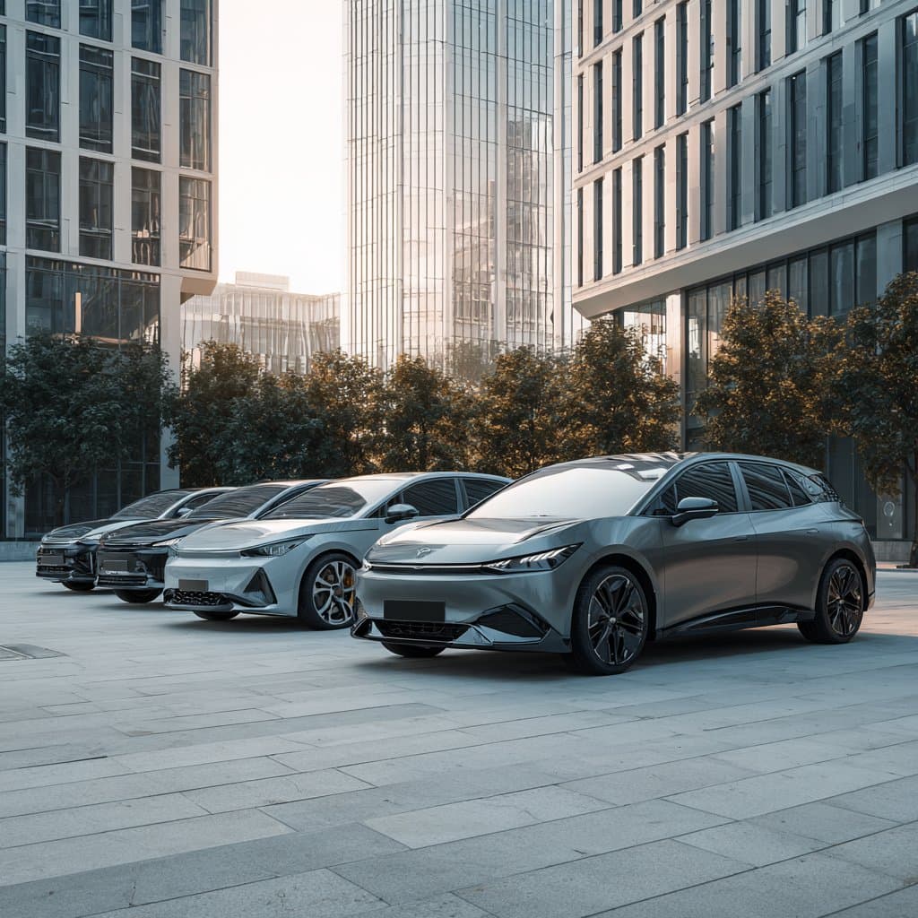 Lineup of non-Tesla electric vehicles in modern city setting