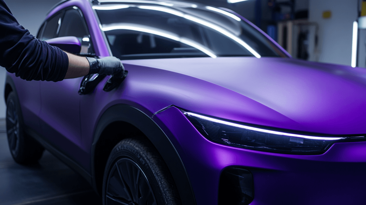 Professional vinyl wrap installation on an electric vehicle in a wrap studio