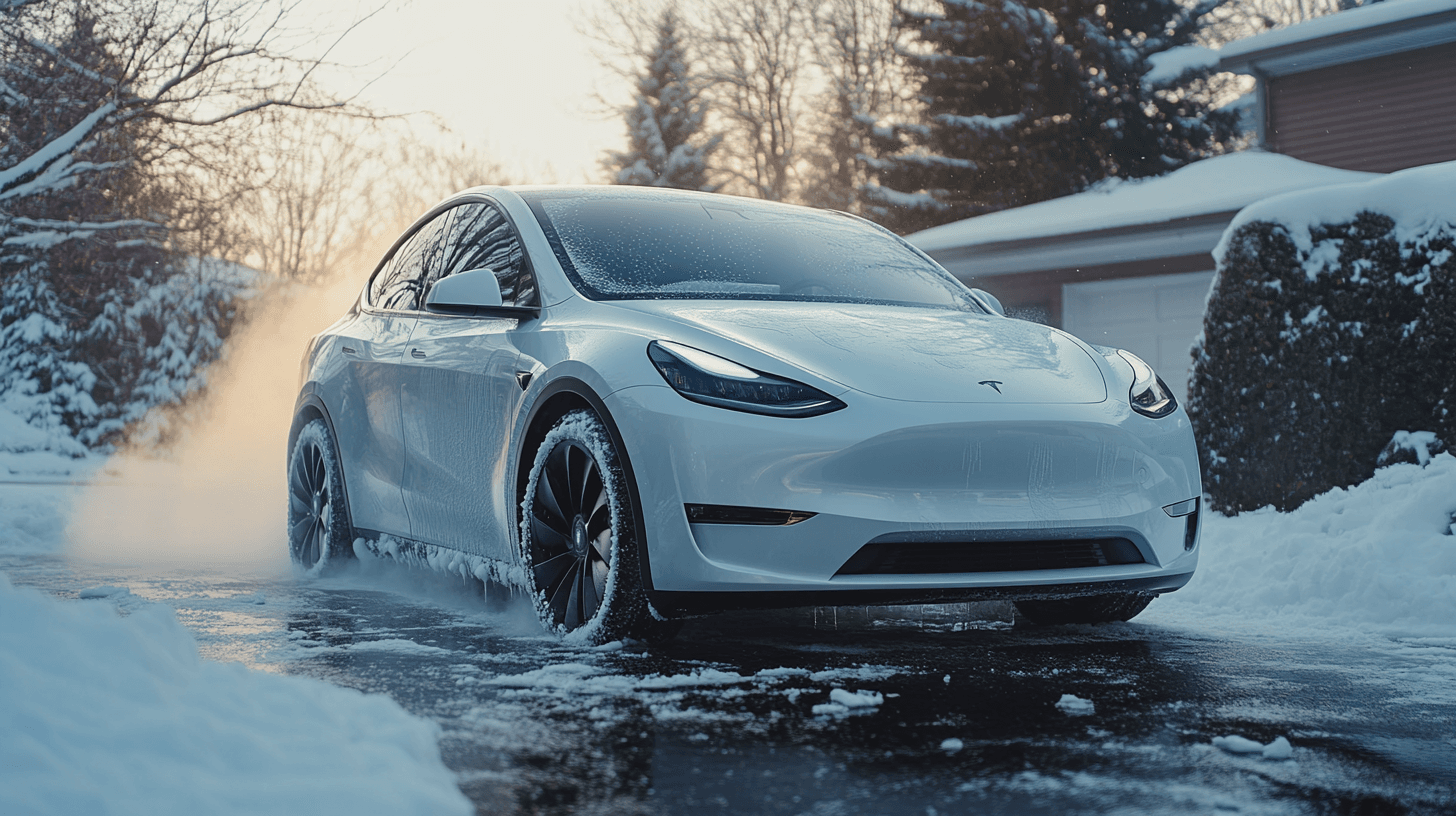 White Tesla Model Y being hand-washed in a snowy driveway