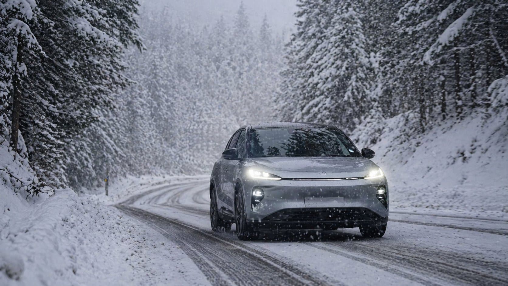 AWD electric SUV driving through snowy terrain