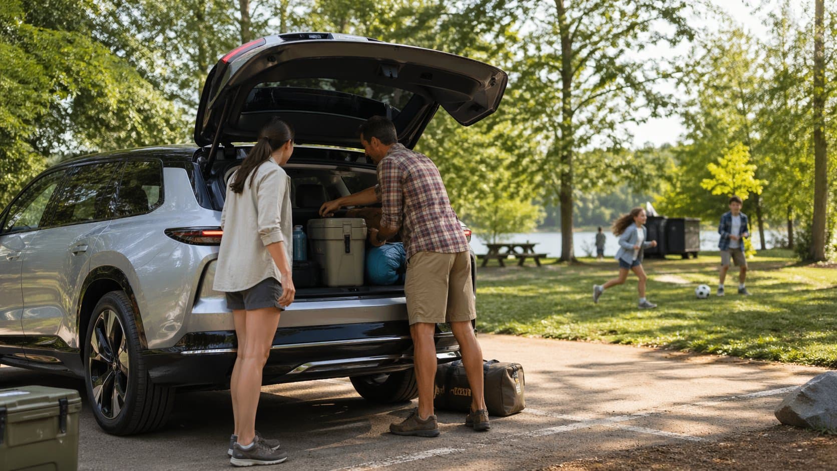 Family electric SUV on a driveway