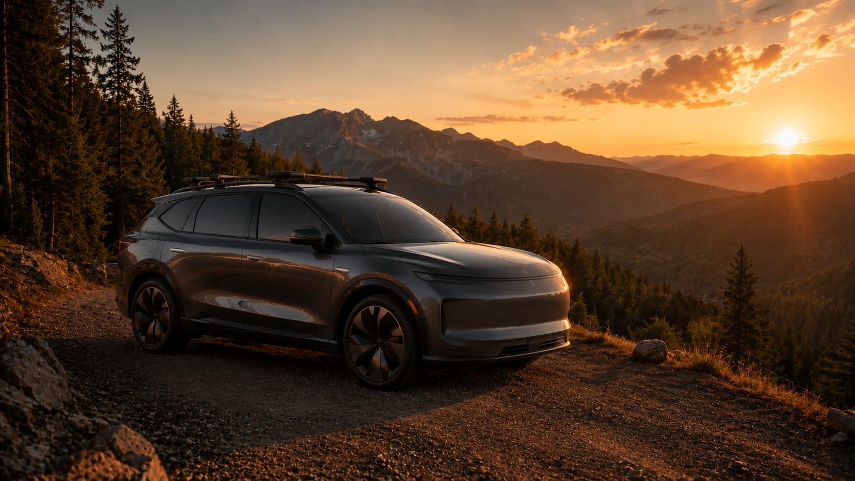 Adventure-oriented family EV in mountain terrain
