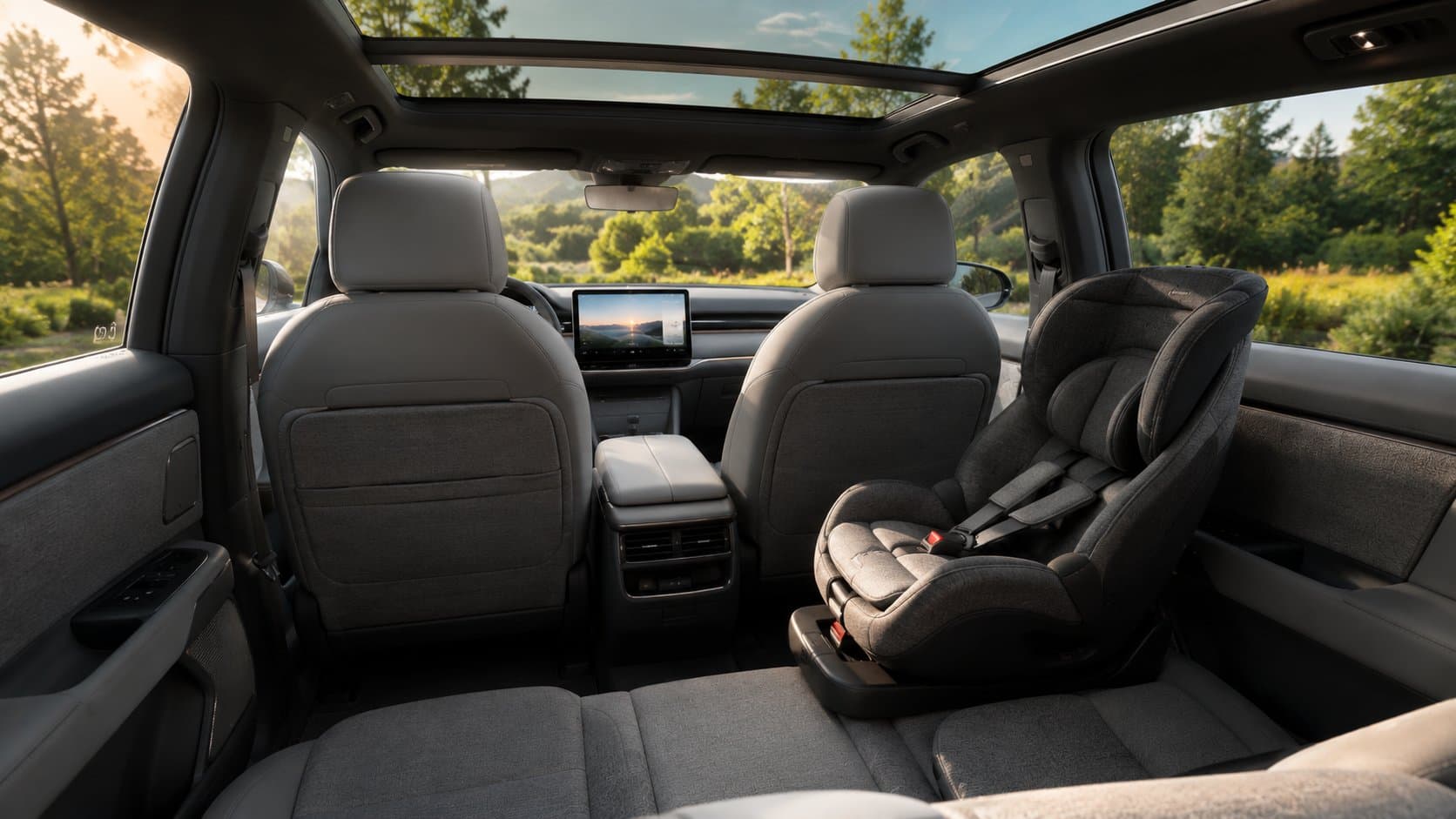 Family EV interior with car seat — designed for daily family use