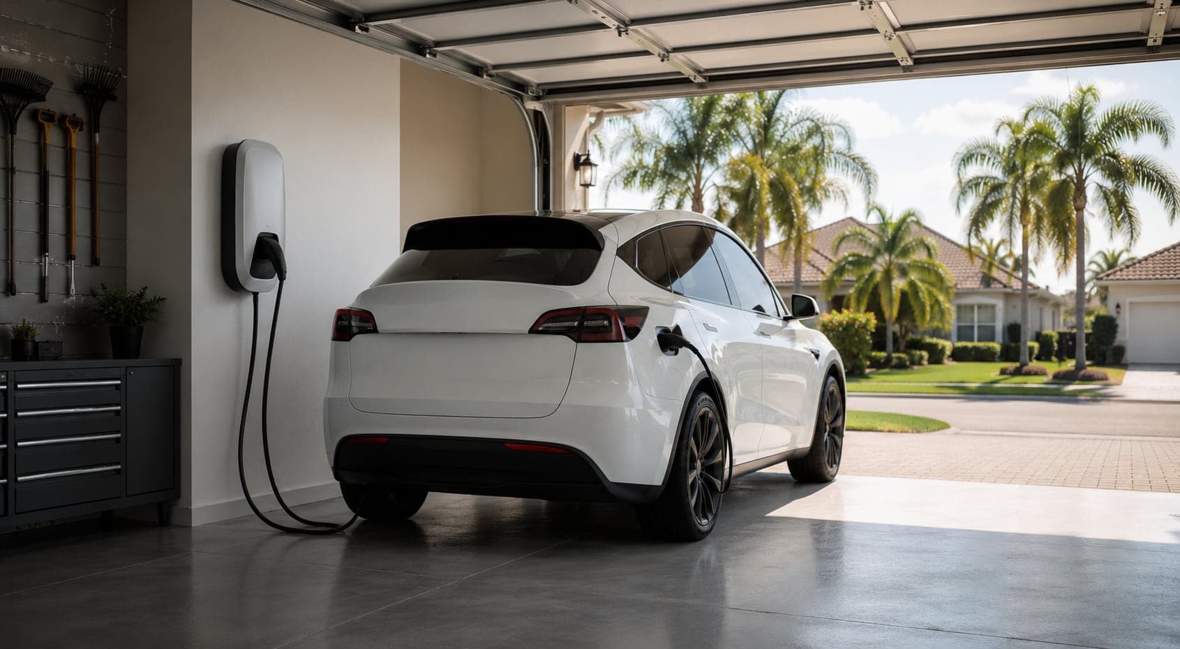 White electric SUV charging from a wall-mounted Level 2 home charger in a Central Florida garage, palm trees visible outside