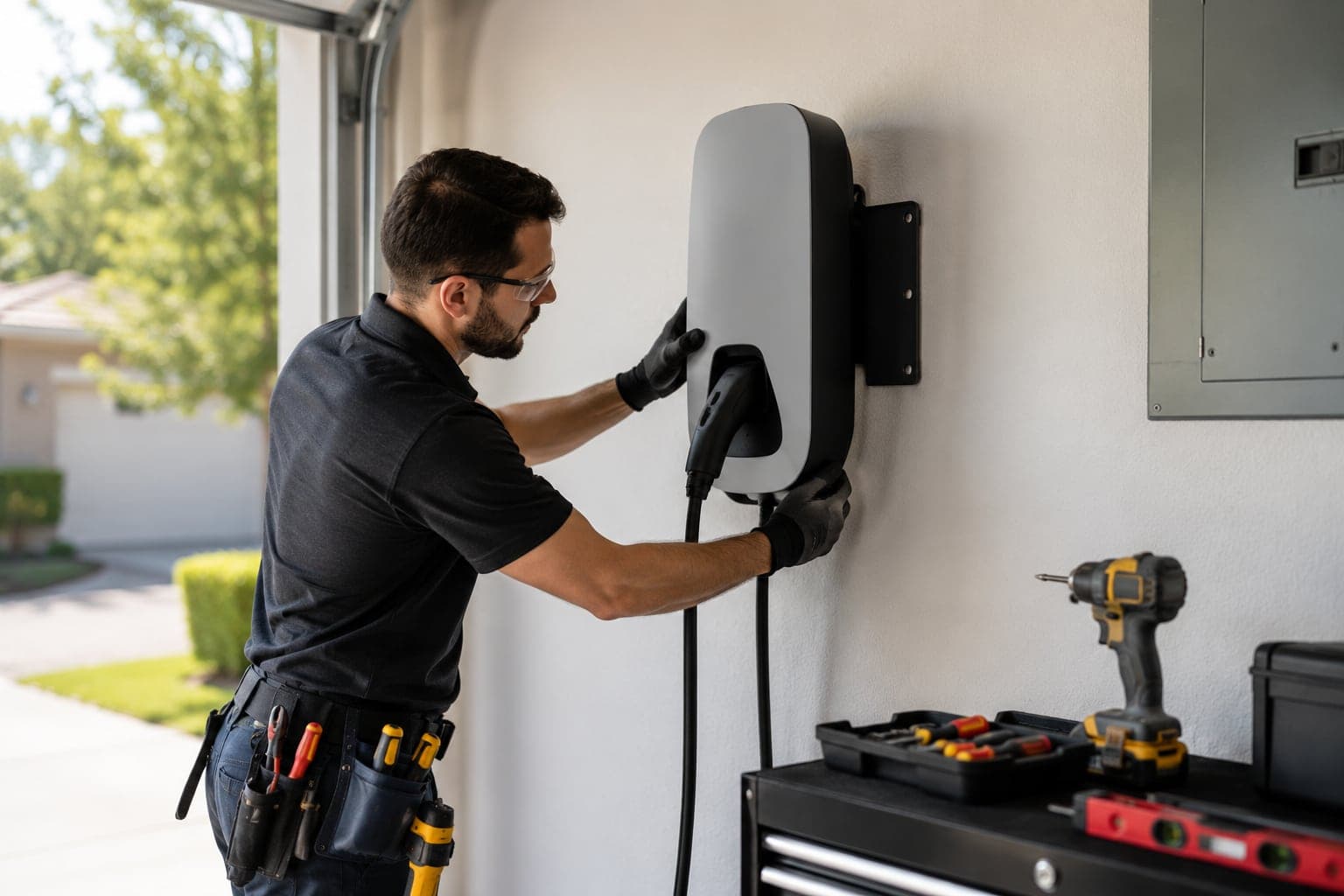 Licensed electrician mounting a Level 2 EV charger on a garage wall near an electrical panel, tools and level nearby.
