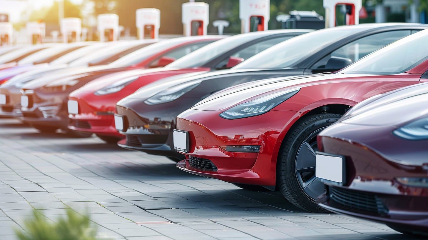 Row of used electric vehicles at dealership lot