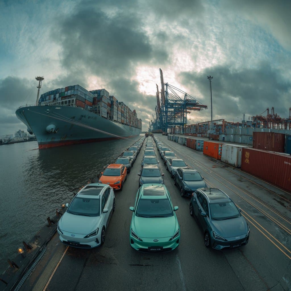 BYD electric vehicles being loaded for export at a shipping port