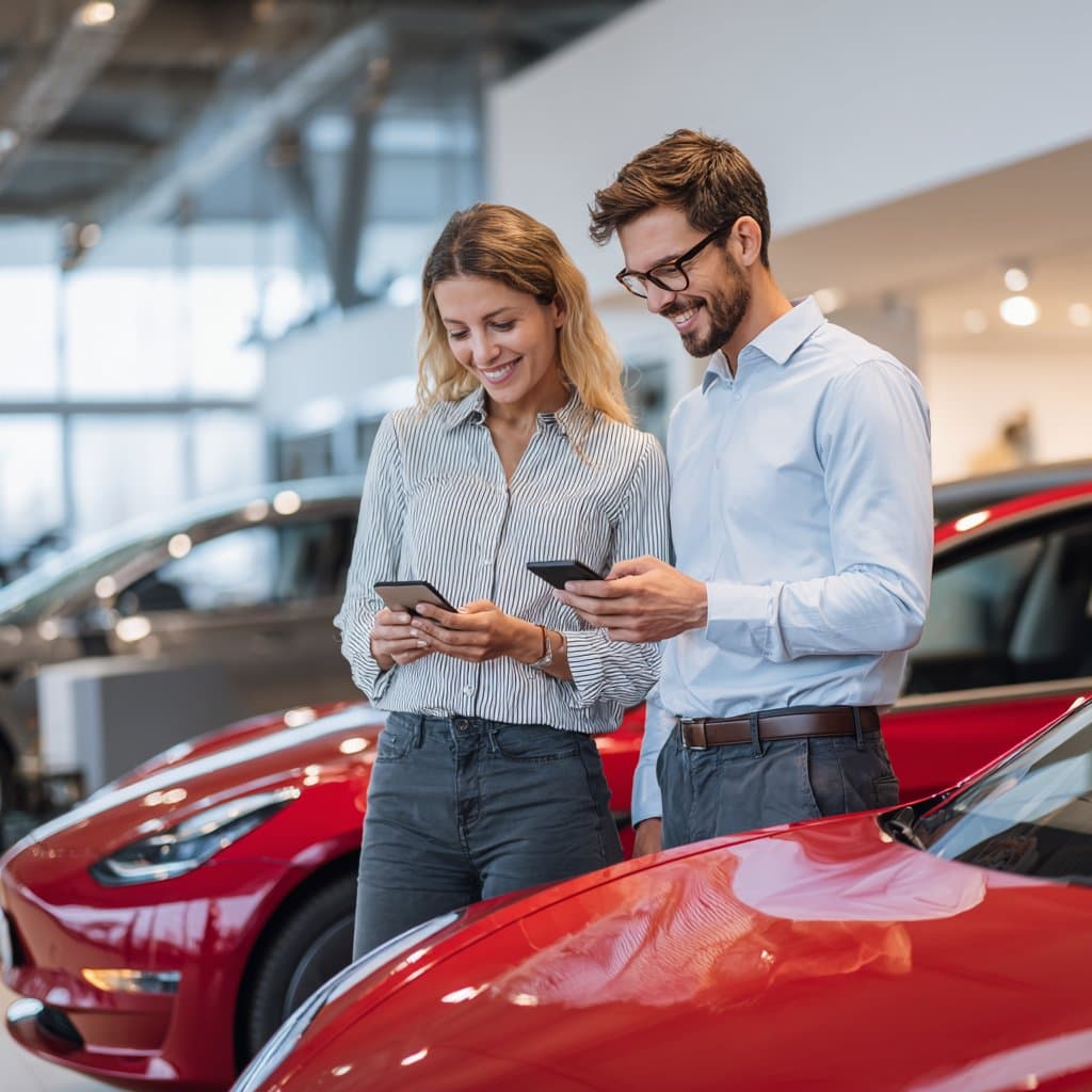 Young couple examining a used Tesla Model 3 at a dealership