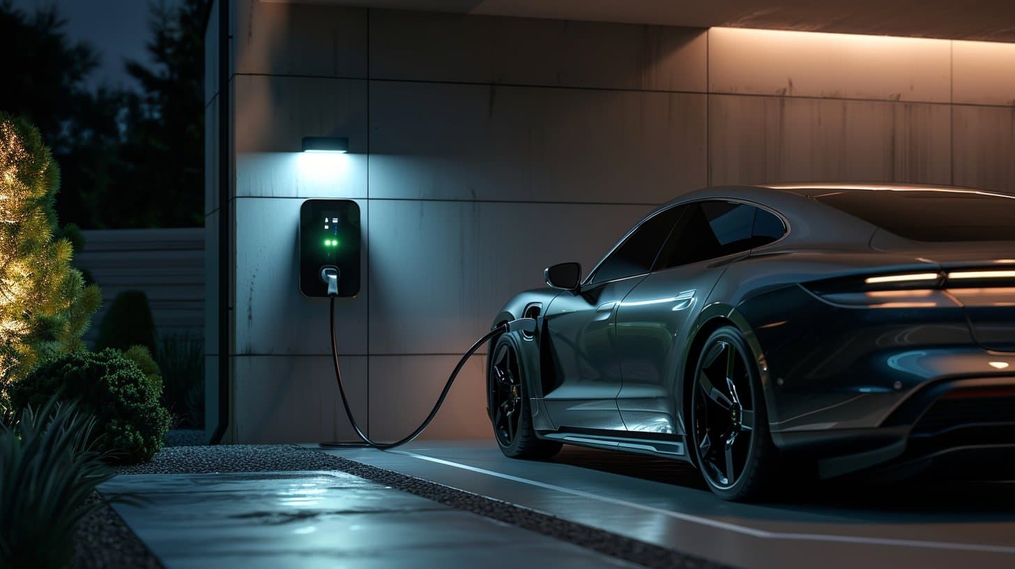 EV charging in garage at night with green indicator light