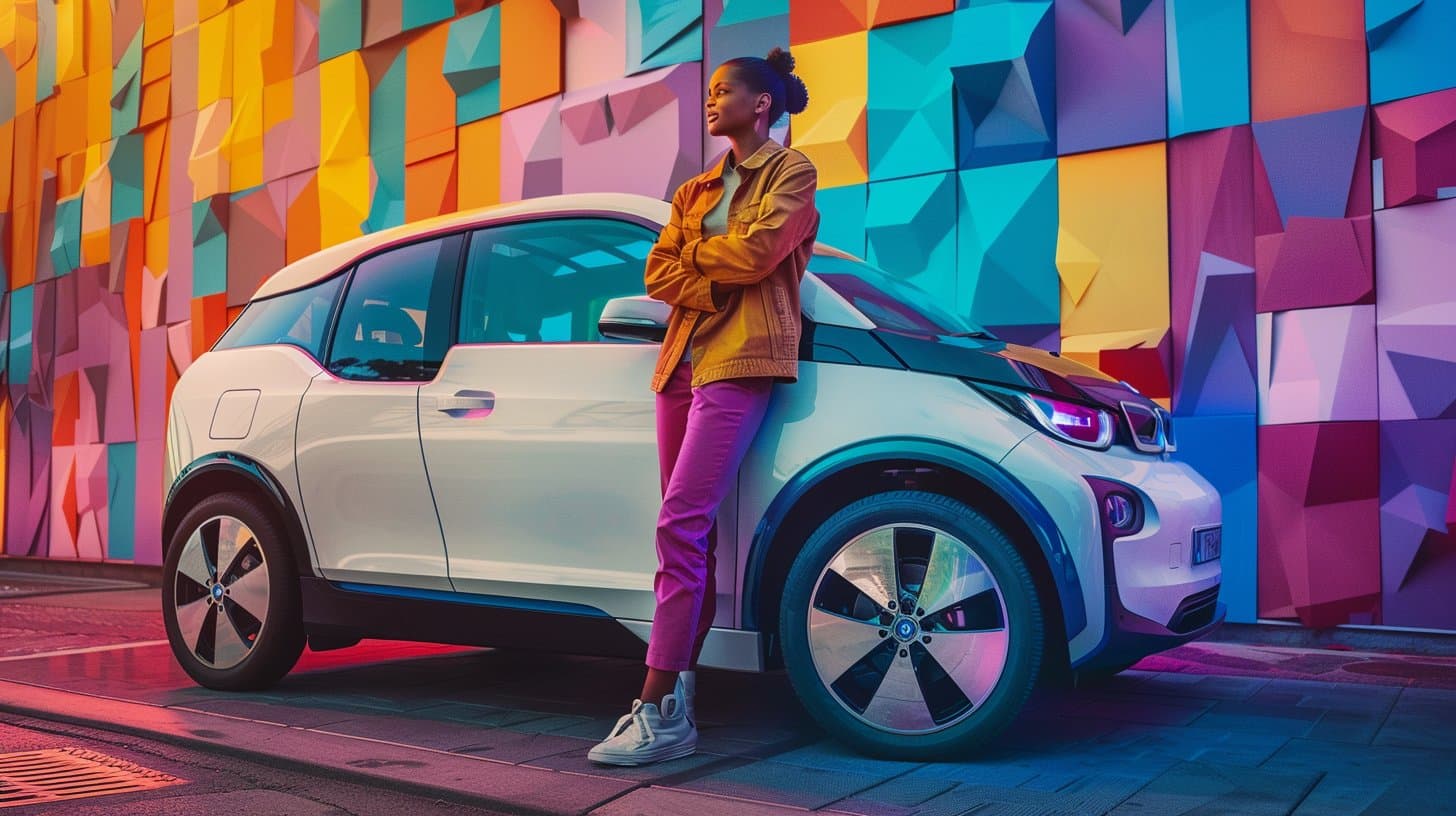Person leaning on white EV with colorful wall background