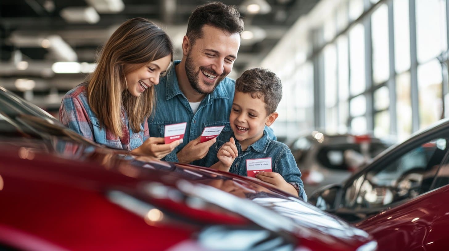 Family comparing EV and gas car prices at a dealership