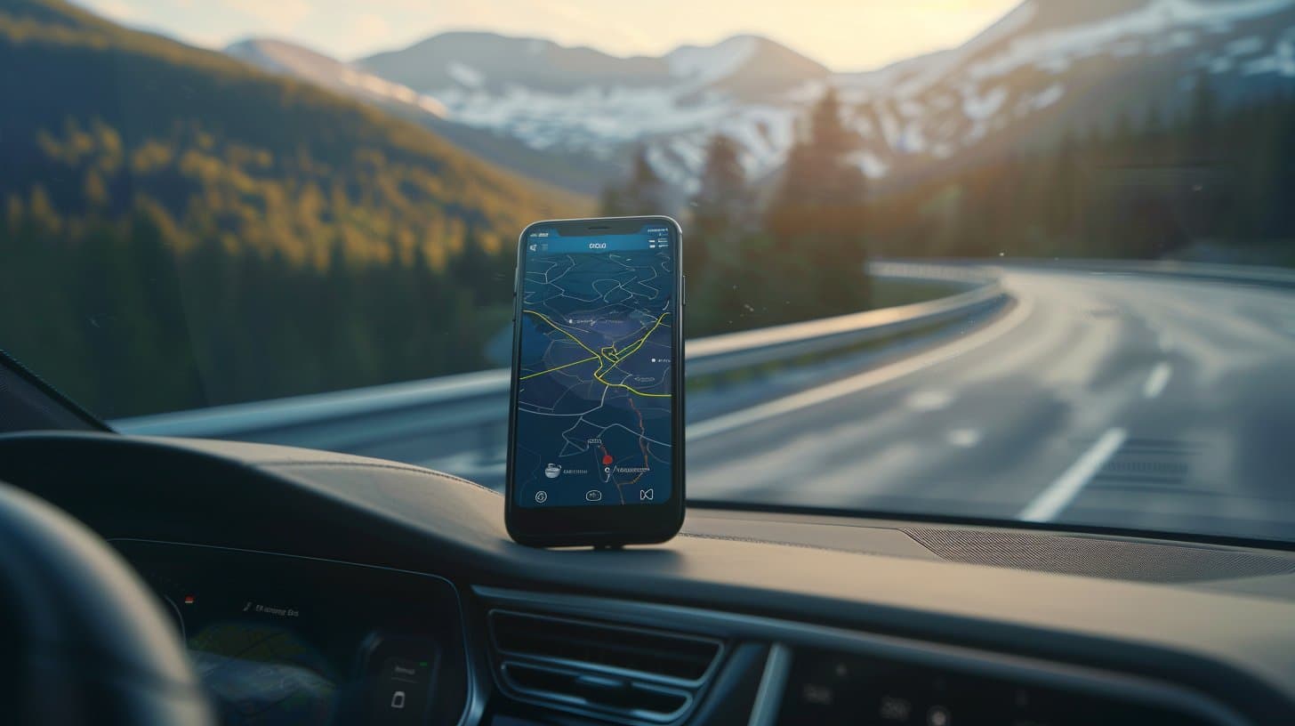 Phone with route planning app on car dashboard