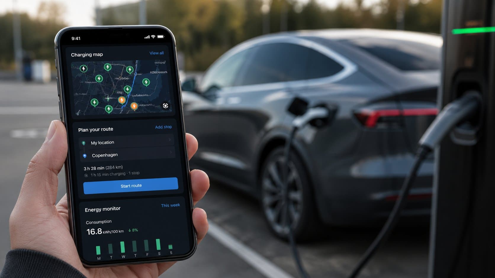 EV route planning app on phone