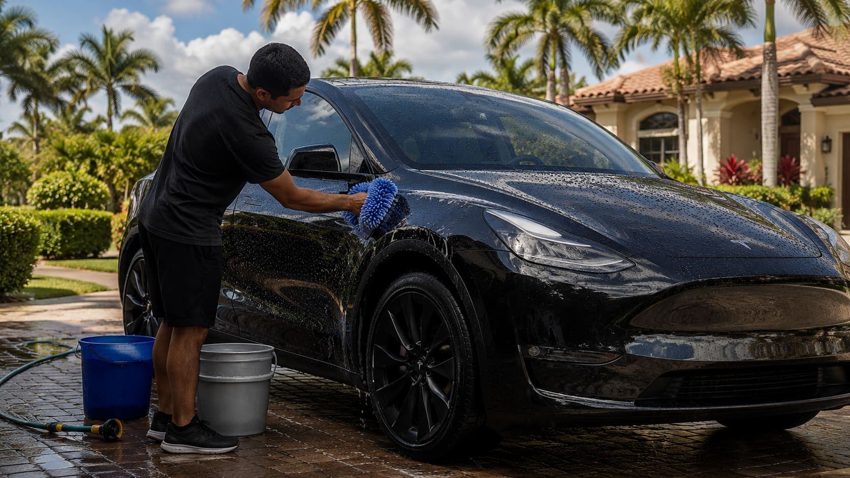 Man hand-washing a black Tesla SUV with a blue microfiber mitt in a shaded Central Florida driveway, palm trees and a tile-roofed house in the background