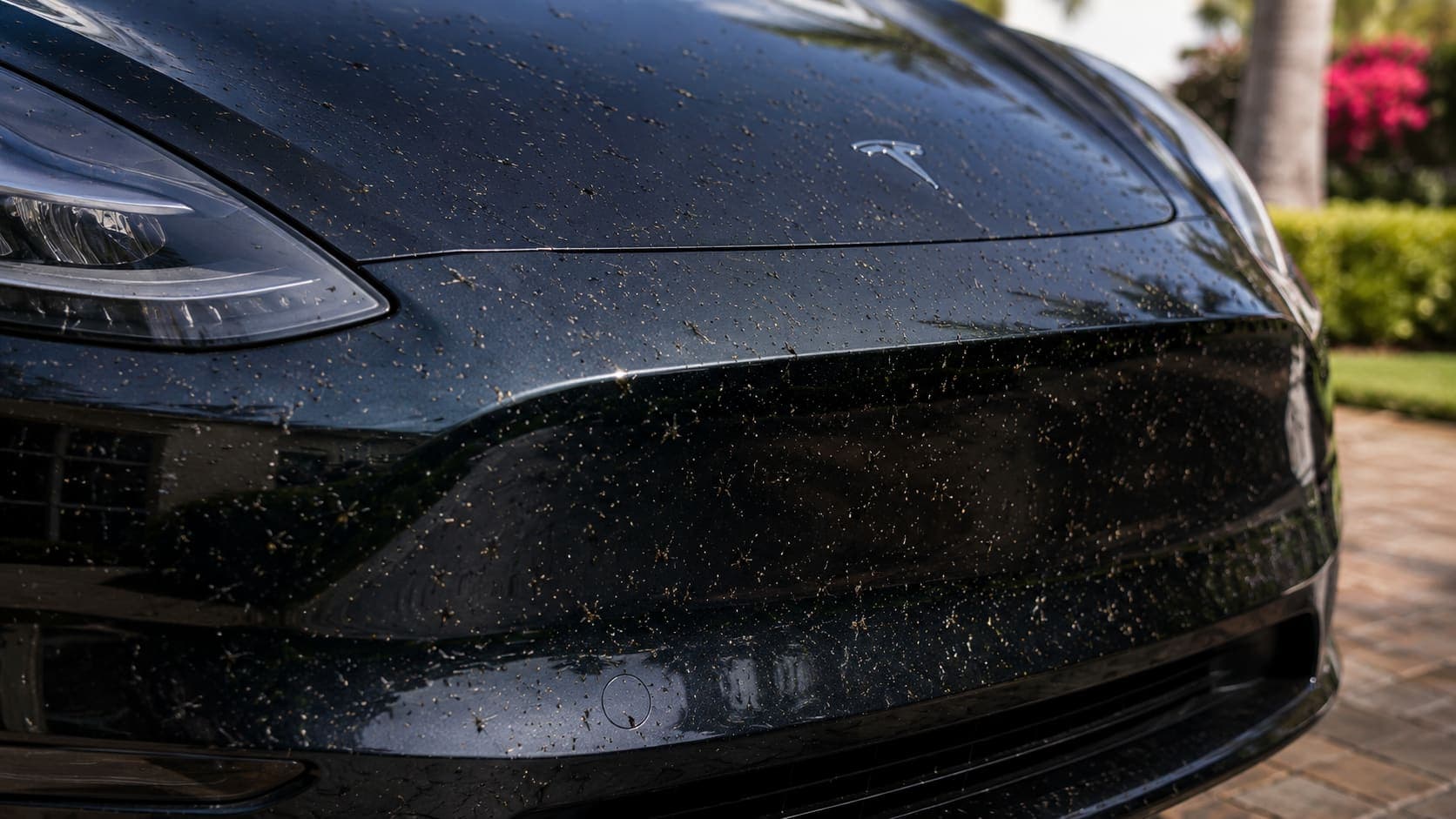 Close-up of love bug residue splattered across the hood and front bumper of a black Tesla, illustrating Central Florida love bug season paint damage