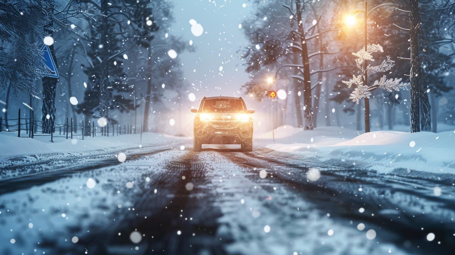 EV driving through snowy road with headlights on
