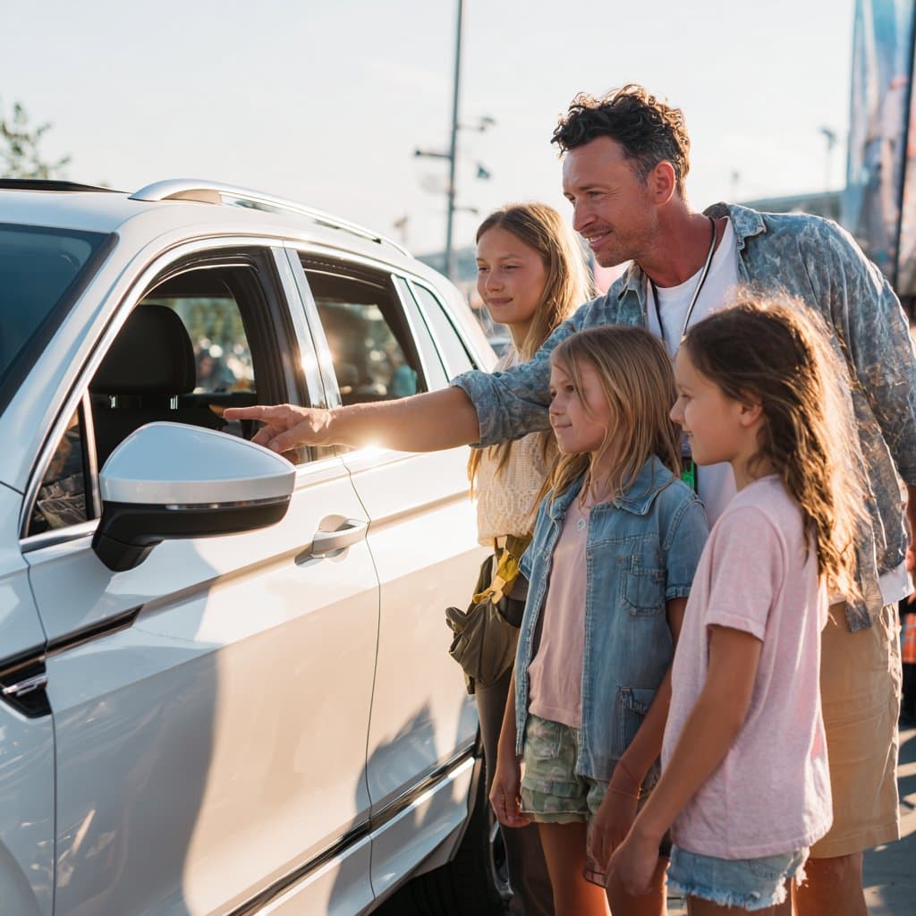 Family test driving an electric vehicle at Electrify Expo