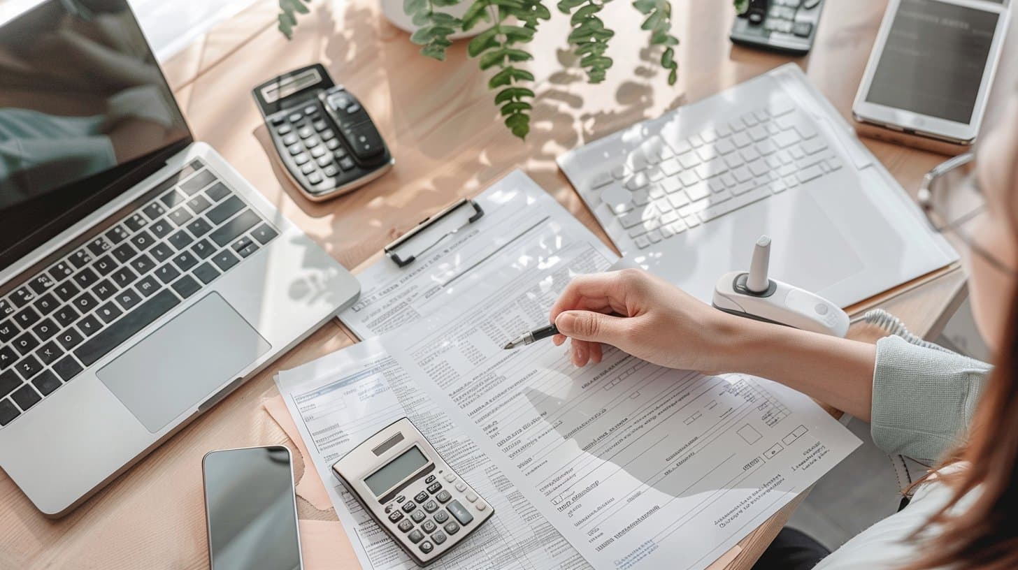Person reviewing EV tax credit documents with calculator and laptop
